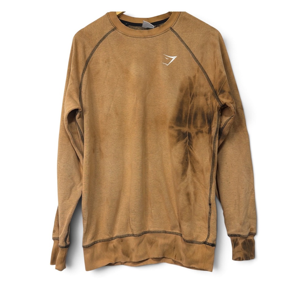 Gymshark Mens Acid Wash Raglan Sweatshirt Brown Contrast Stitch L